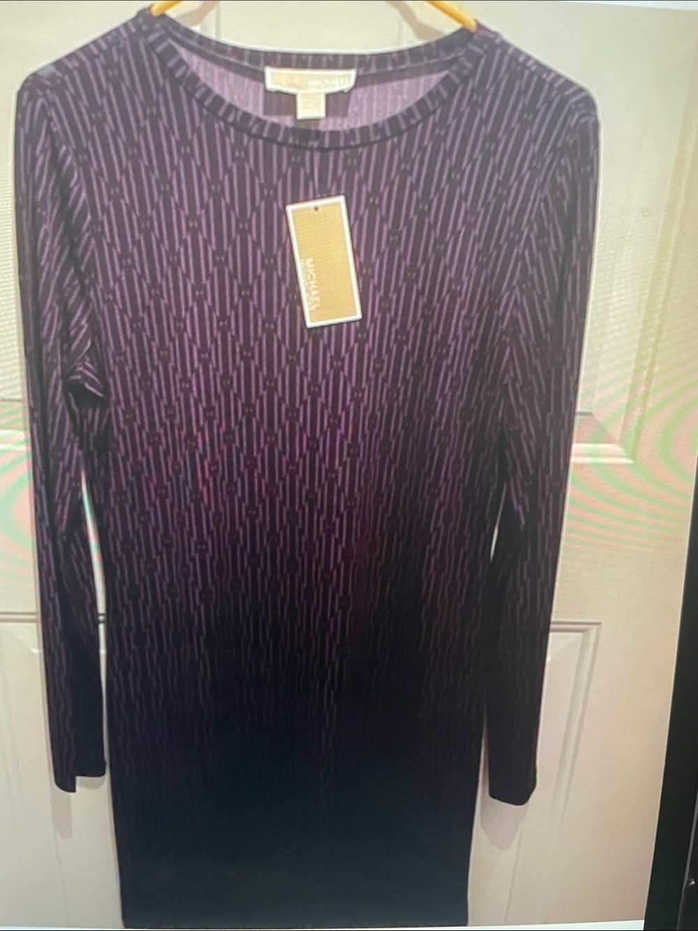 Michael Kors Purple Vertical-Strip Long Sleeve Sheath Dress